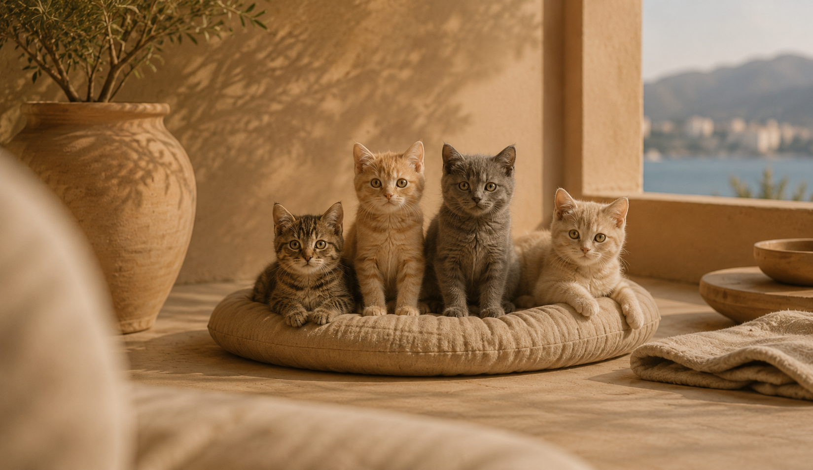 Four kittens resting together on a woven bed in a warm, sunlit Mediterranean interior