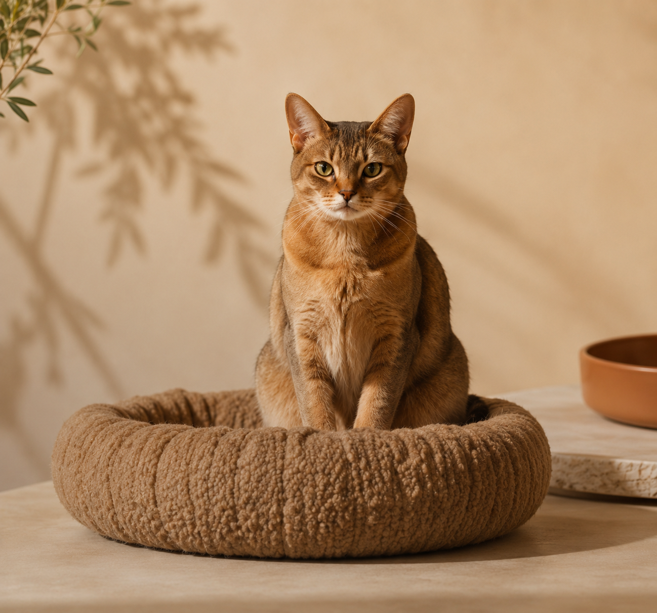 Cat sitting in a woven pet bed