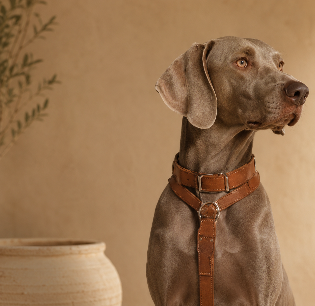 Dog wearing a handcrafted leather harness