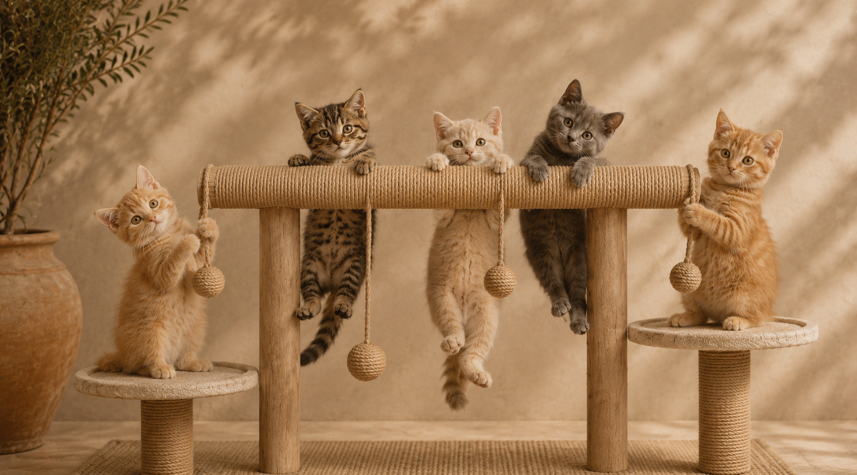 Five kittens playing on a natural rope and wood climbing frame in a warm, sunlit interior