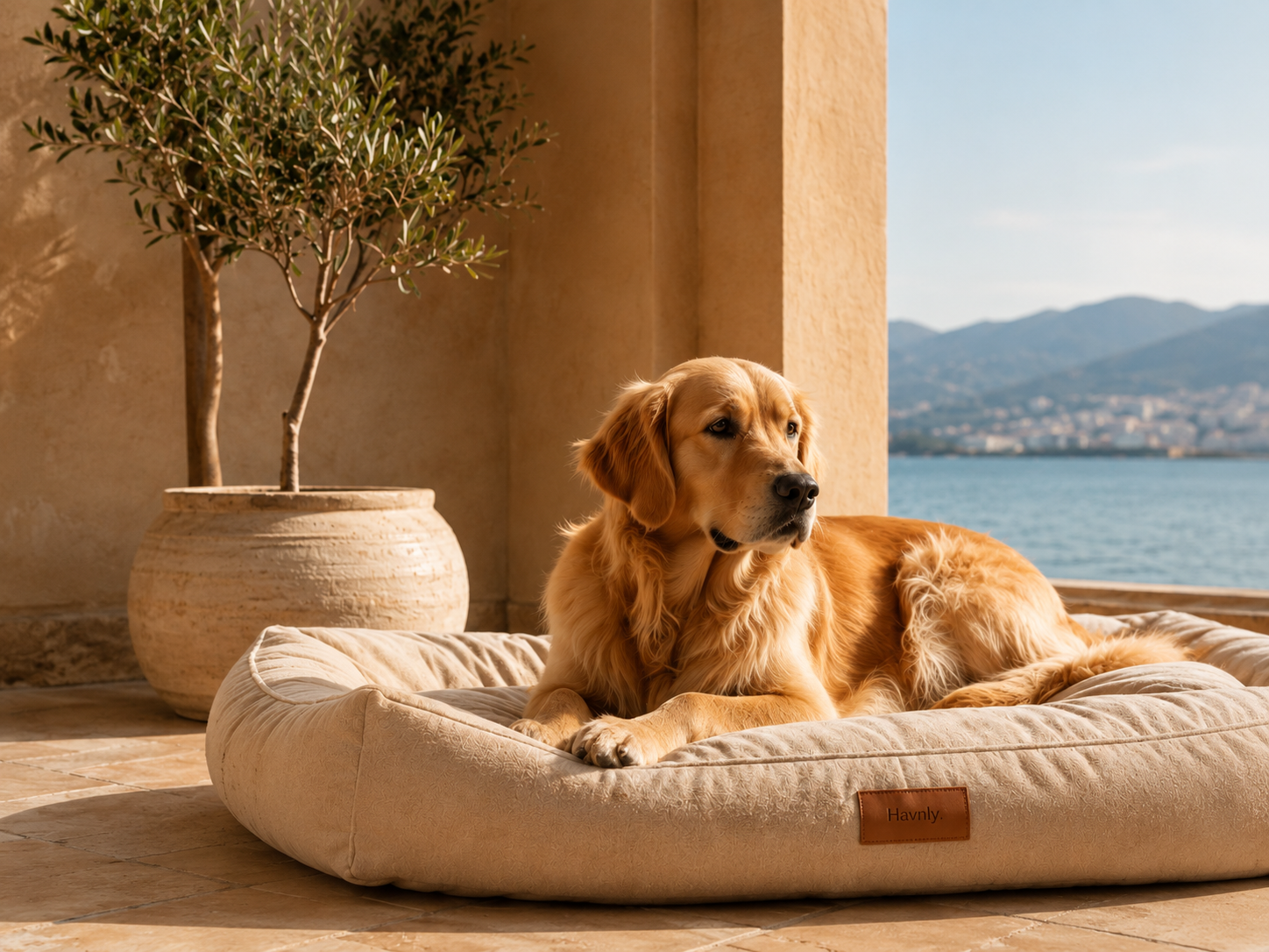 Golden retriever resting on a designer bed in a warm Mediterranean interior