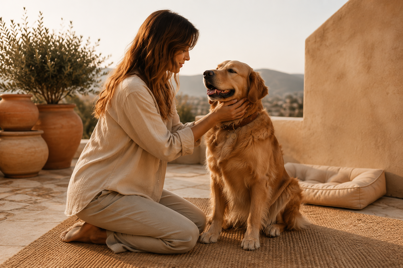 Woman gently holding her golden retriever at golden hour